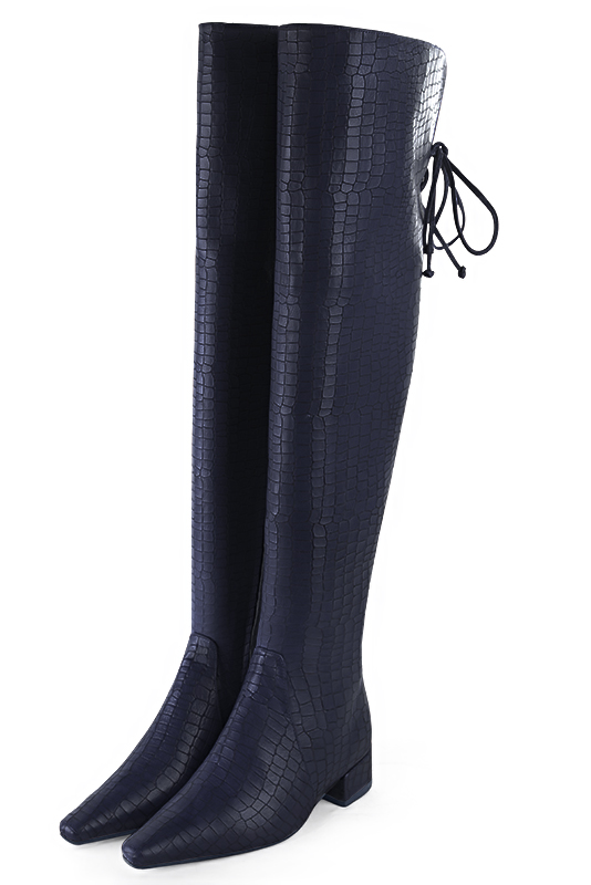 Navy blue women's leather thigh-high boots. Tapered toe. Low block heels. Made to measure - Florence KOOIJMAN